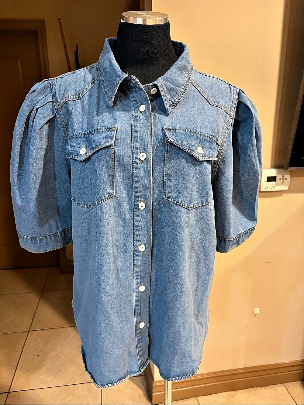 SHEIN Denim Look Puff Sleeve Top Blue Size 1XL